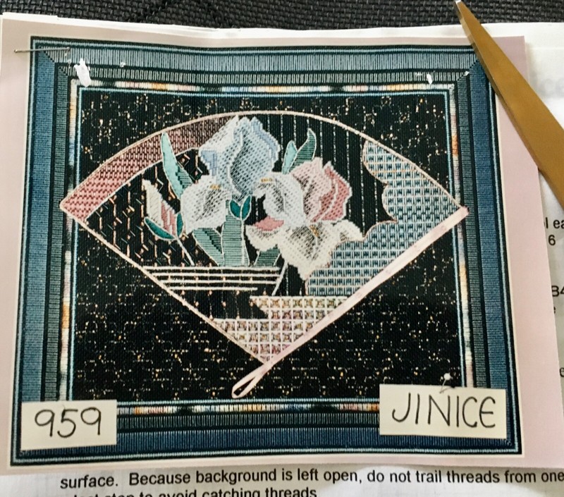 REDUCED! Iris Fan on Black Hand Drawn NP Canvas, Stitch Guide  Watercolors Floss