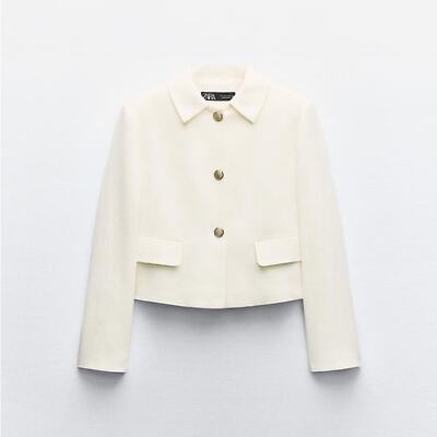 ZARA CROPPED LINEN BLEND SHOULDER PAD BLAZER | eBay