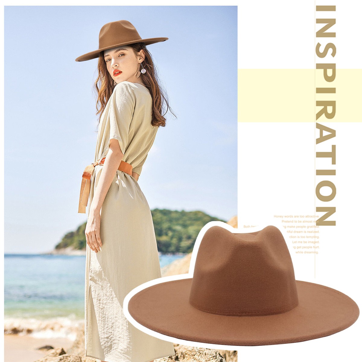 6733 Big Brim Fedora Mens Women Felt Boho Hat Panama Dress Up Hats Beige H.Busque Cowboy Hat Big Wide Brim Fedora Hat Felt Panama Hat  main image 2