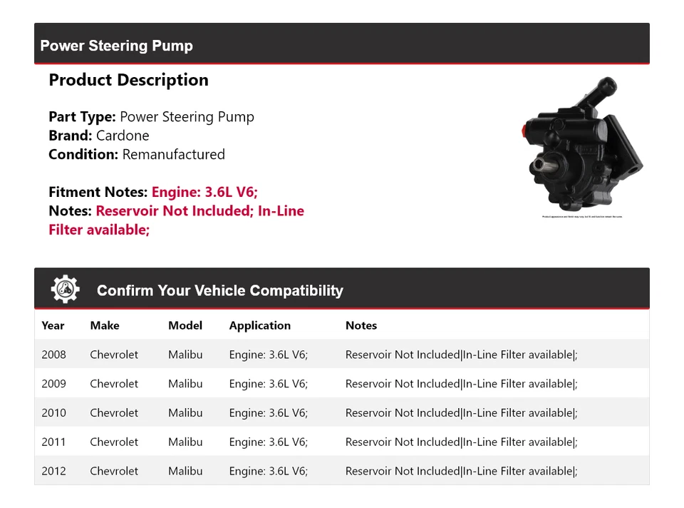 Bomba de dirección asistida Cardone 2009 2010 para Chevrolet Malibu 2008-2012 3,6 L V6 Foto 2 de 4