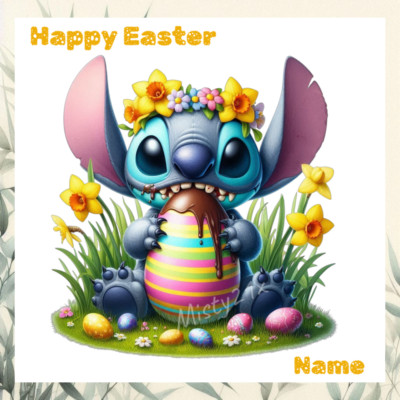 Personalisierte STITCH Ostern Grußkarte Schokolade Eier Narzissen JEDER NAME
