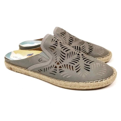 OluKai Kaula 'Olu 'Ili Women's Gray Leather Laser Cut Espadrille Mules Size  6.5 | eBay