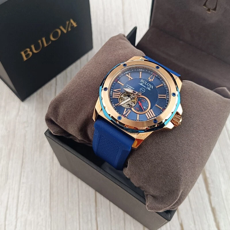 Bulova Marine Star A Automatic Blue Gold Dial Rubber Strap Men 98A227 Watch 45mm - Image 2 of 4