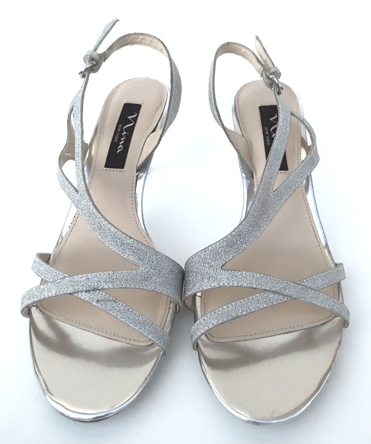 silver glitter low heel sandals