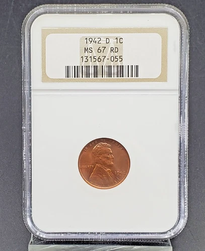 1942 D Lincoln Wheat Cent Penny Coin NGC MS67 RD GEM BU DENVER CERTIFIED PRE WW2