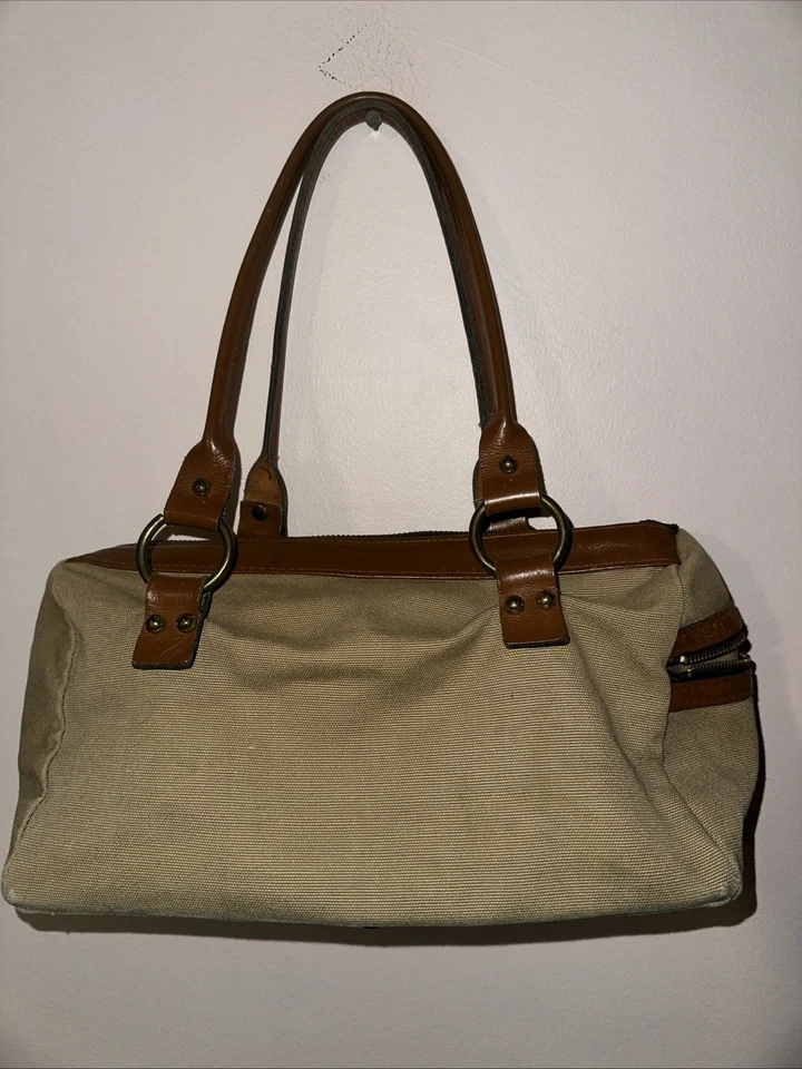 Daveys Vintage Canvas Bag Tote Zipper Side Pocket Light Brown Leather Trim USA - Image 2 of 4