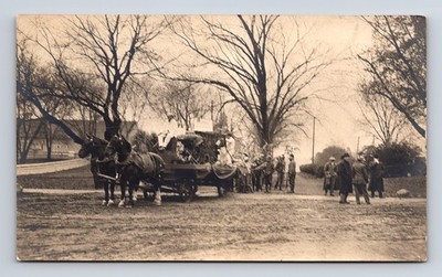 RPPC Several Men Gathered Around Large Two Horse Drawn Parade Float Postcard