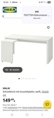 IKEA Malm Schreibtisch mit Ausziehplatte, Weiß, 151x65 Cm, leichte Gebrauchsspur