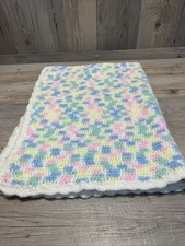 Vintage 30  X 36  Handmade Baby Blanket Crochet Knit Throw Pink Yellow Green Blue