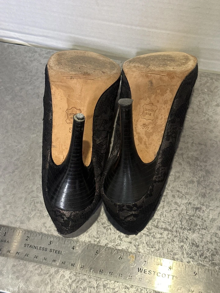 Nine West 鞋女式 5.5 码黑色蕾丝蝴蝶结高跟鞋皮革鞋底正装高跟鞋 — 第 4/4 张图片