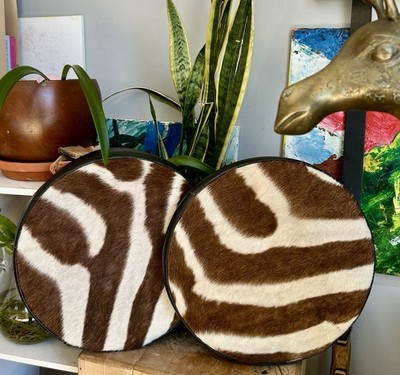 Pair of Vintage Authentic Zebra Hide Cushions - Safari African Animal Round 14 