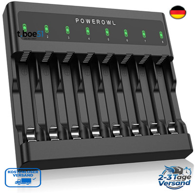 POWEROWL Akku Ladegerät 8 Bay USB-C Aufladung AA AAA NiMH NiCD Batterieladegerät