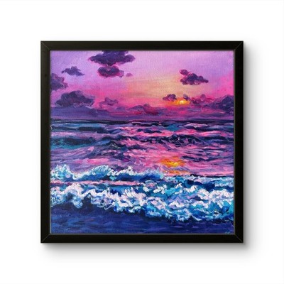 Vibrant Pink Beach Sunset Waves EXPRESSIONISM 12x12 ORIGINAL ART MODERN HOME