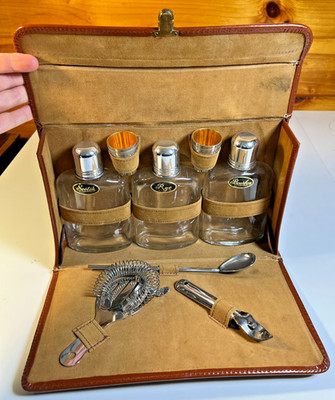 Vintage 1950 Brooks Brothers Leather Travel Bar Set Scotch Rye Bourbon Flask Kit
