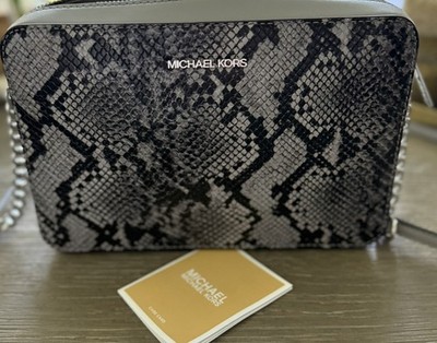 New Michael Kors Jet Set Quarry Grey Snake Crossbody Silver Hardware Chain Strap