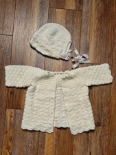 Vintage Handmade White Crochet Baby Sweater and Bonnet Set - 3-6 Mo.