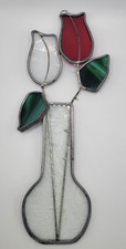 Vintage Stained Glass FLOWERS IN VASE Suncatcher Leaded Handmade 3.5" x 8"