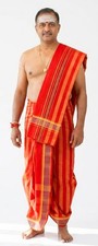 Cotton Dhoti and Angavastram Set Red Yellow with Woven Temple Border
