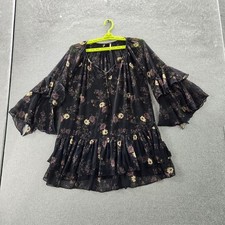 Free People Women Dress XS Black Floral Sunsetter Bohemian Ruffle V-Neck