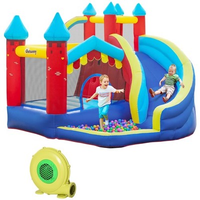 Outsunny Kinder Hüpfburg mit Rutsche, Pool, Trampolin, Kletterwand, Gebläse