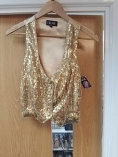 BNWT ✨ Gold Sparkly Sequin Waistcoat V Neck Plain Satin Back SIZE UK 8 Niche 
