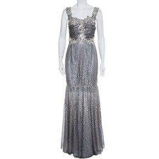 Dolce Gabbana Silver Tulle Crystal Embellished Mermaid Evening Gown M