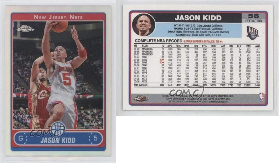 2006-07 Topps Chrome Refractor Jason Kidd #56 HOF - Image 3 of 3