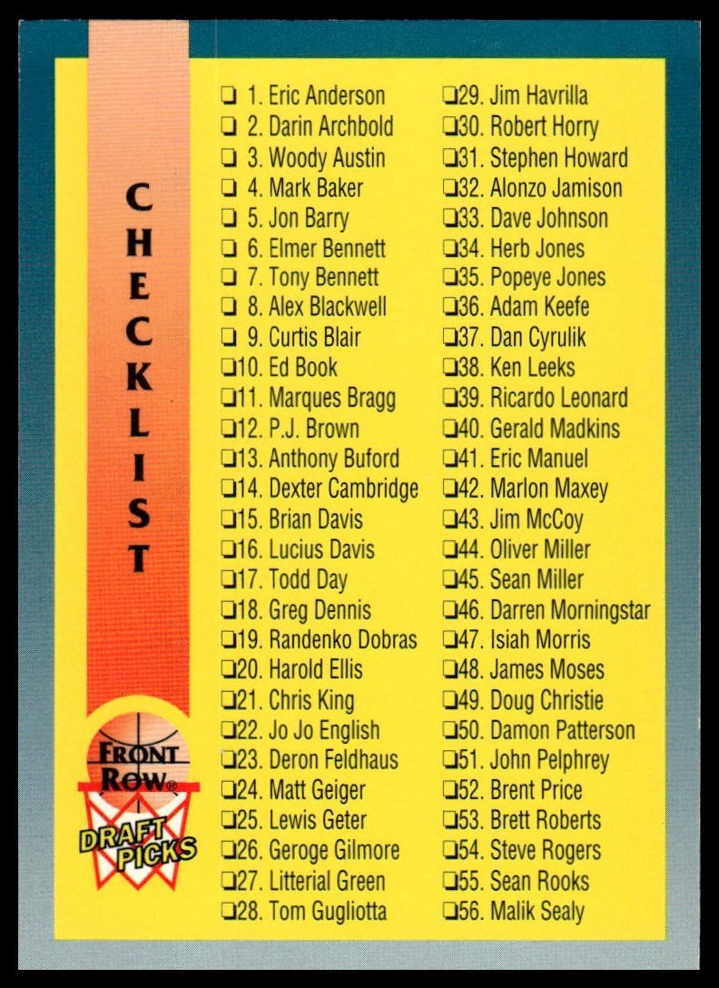 1992 Front Row Draft Picks #100 Checklist 1-100