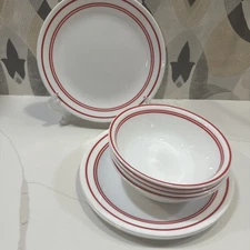 REPLACEMENTS Corelle Classic Cafe Red Stripe PLATES BOWLS $5 EA. YOU PICK