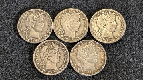 * NICE LOT OF 5 SILVER BARBER QUARTERS * 1902-P, '03-S, '07-O, '08-O, & 1916-D *
