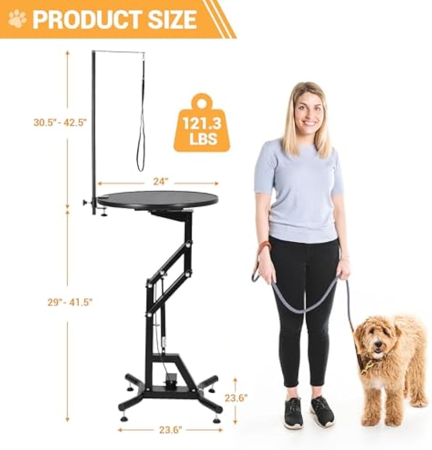Hydraulic Lift Dog Grooming Table 24'' Round Tabletop Adjust Height 30.5-42.5"