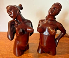 Pair midcentury fine wood carvings of nude African women 9 1/2" tall