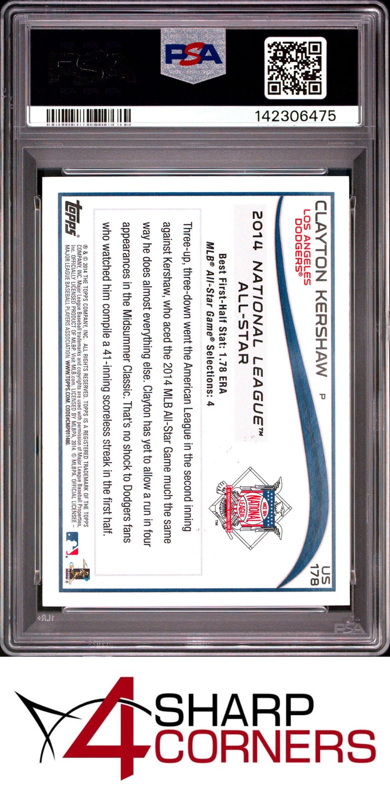 2014 TOPPS UPDATE RED HOT FOIL #US178 CLAYTON KERSHAW POP 3 PSA 8 view 2