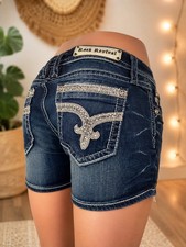 Rock Revival Sherry Jean Shorts Womens 29 Blue Denim Embroidered Rhinestone