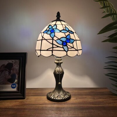 Tiffany Style Mini Table Lamp White Stained Glass Blue Flower 8