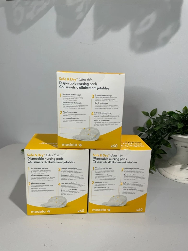 Almohadillas de lactancia desechables ultrafinas seguras y secas Medela paquete de 60 unidades X3 Foto 2 de 4