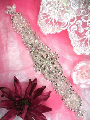 HC19 Applique Bridal Sash Motif Crystal Rhinestone w/ Pearls 13'' Sewing Patch