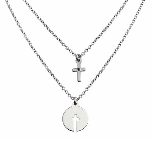 Sterling Silver Two Chains Necklace w/ Cross & Cut-out Cross Disc ...