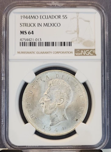 1944 Mo ECUADOR SILVER 5 SUCRES STRUCK IN MEXICO NGC MS 64 BRIGHT BU LUSTER