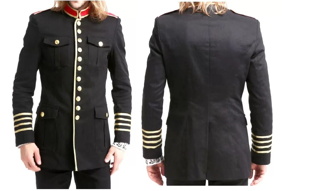 Hombres Estilo Militar Abrigo Chaqueta Steampunk-Negro Algodón Oficial Desfile Uniforme