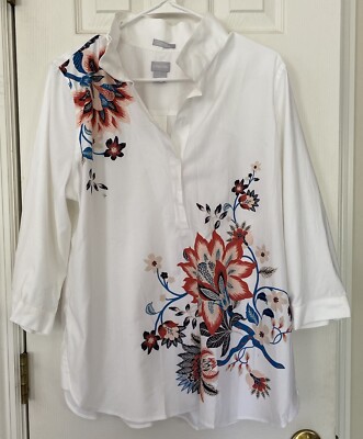 Chicos 2 No Iron White Floral Back Button Shirt Chic Stretch Tunic Top