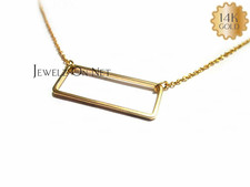14K Solid Plain Gold 24x9 mm Open Rectangular Bar Minimalist Pendant Necklace