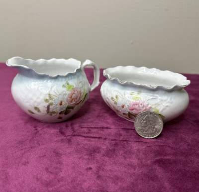 Vintage Small Scalloped Sugar & Creamer Shabby Chic w/ Pink Blue Roses Floral
