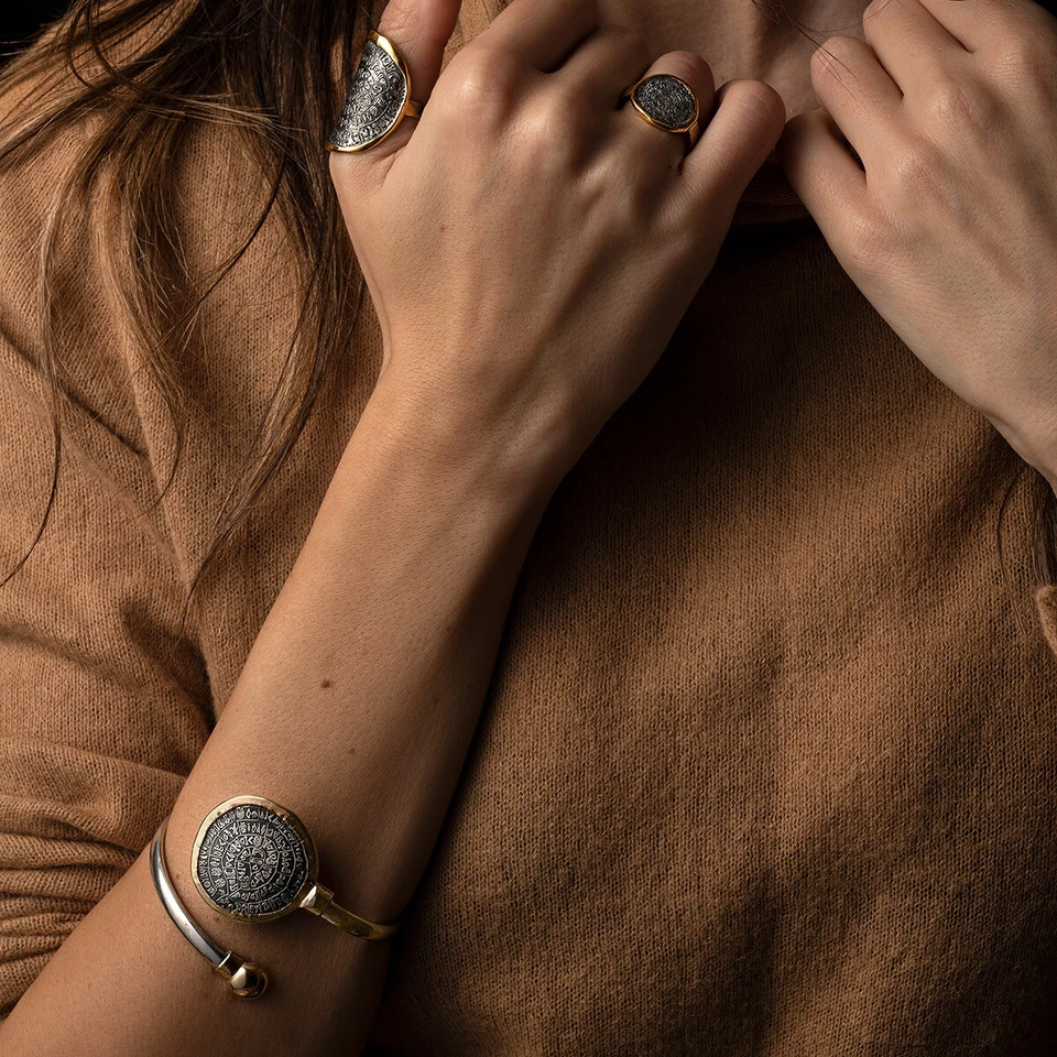 Greek Phaistos Disc Bracelet in 14K Gold Silver Phaistos Bracelet Museum Jewelry - Image 2 of 4