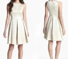 Eliza J Gold Metallic Cream Jacquard Party Cocktail Dress Fit and Flare Women 14