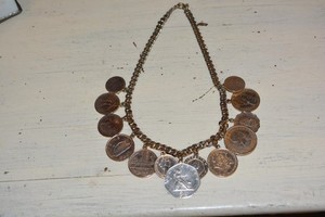 Vintage Gold Wash English / European Coins Necklace on 18" Heavy Curb Chain