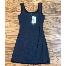Cider Black Ribbed Mini Dress Women's Medium Lace Trim Button Front Stretch NEW