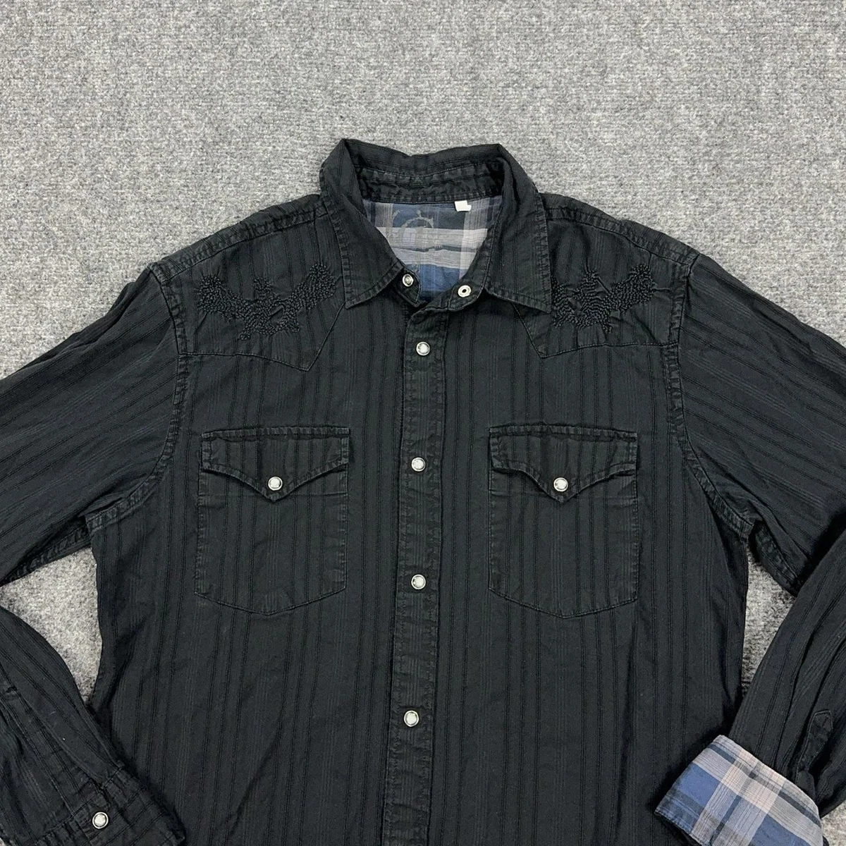 Camisa GUESS Para Hombre M Negra Algodón Rayas Manga Larga Con Botones Cuentas