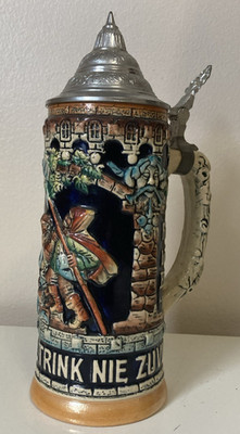 VINTAGE GERMAN HAND PAINTED BEER STEIN WITH LID 10 ''TALL
