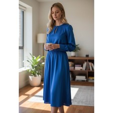 H&M Royal Blue Satin A-Line Dress Medium Long Sleeve NWT